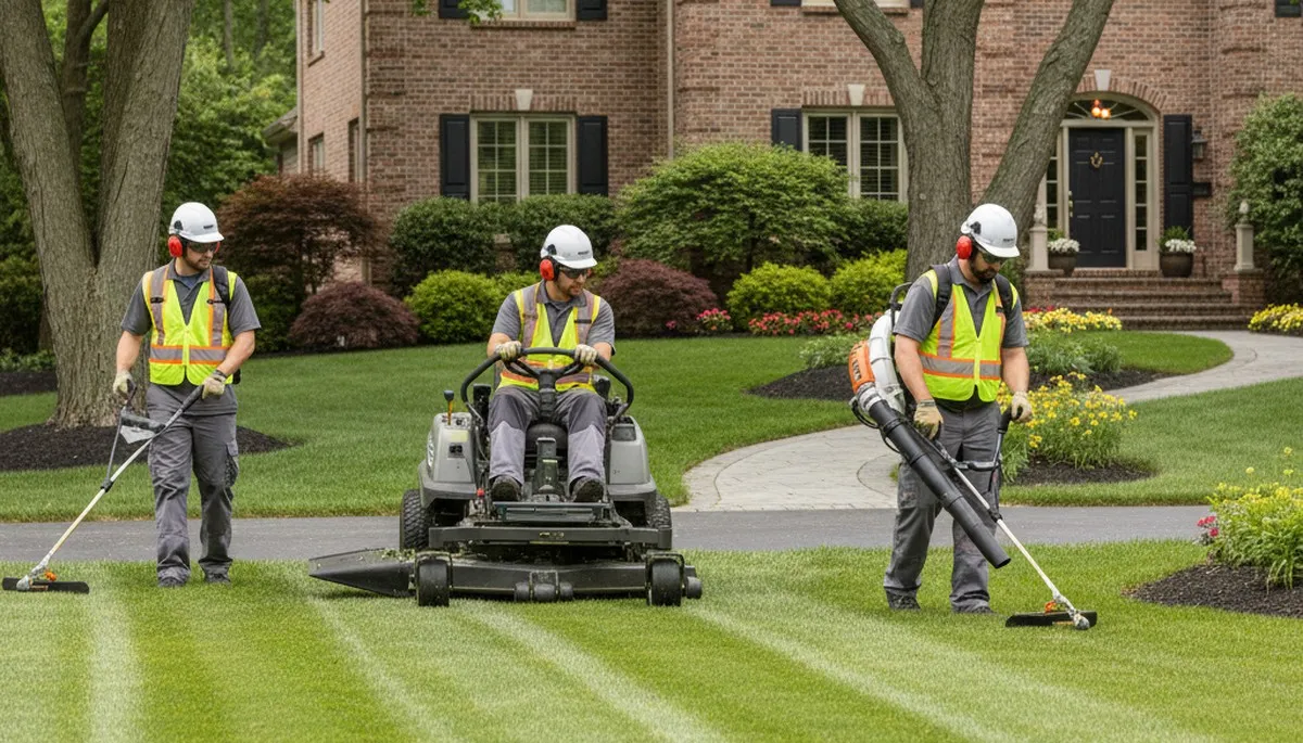 Tree service crew trimming trees in Boca Raton, FL for lawn care and property maintenance