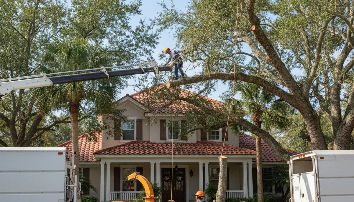 Tree service crew trimming trees in Boca Raton, FL for safe, professional maintenance