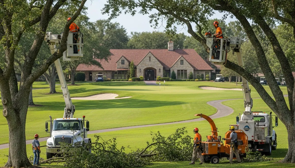 Tree service crew trimming a residential tree in Boca Raton, FL