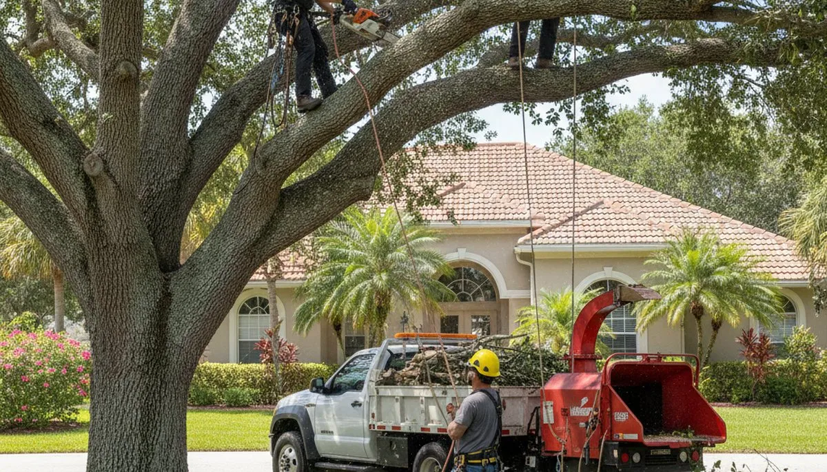 Tree service crew trimming trees in Boca Raton, FL for safe, professional property maintenance