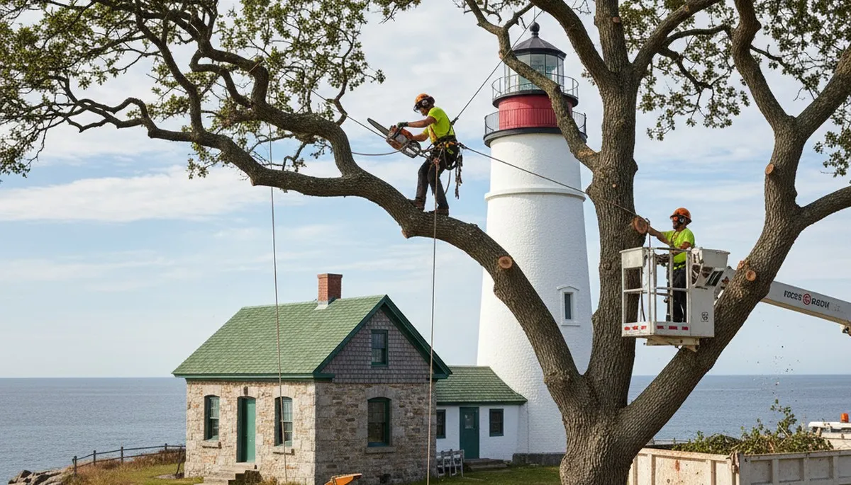 Tree service crew trimming trees in Boca Raton, FL for safe, professional landscape care