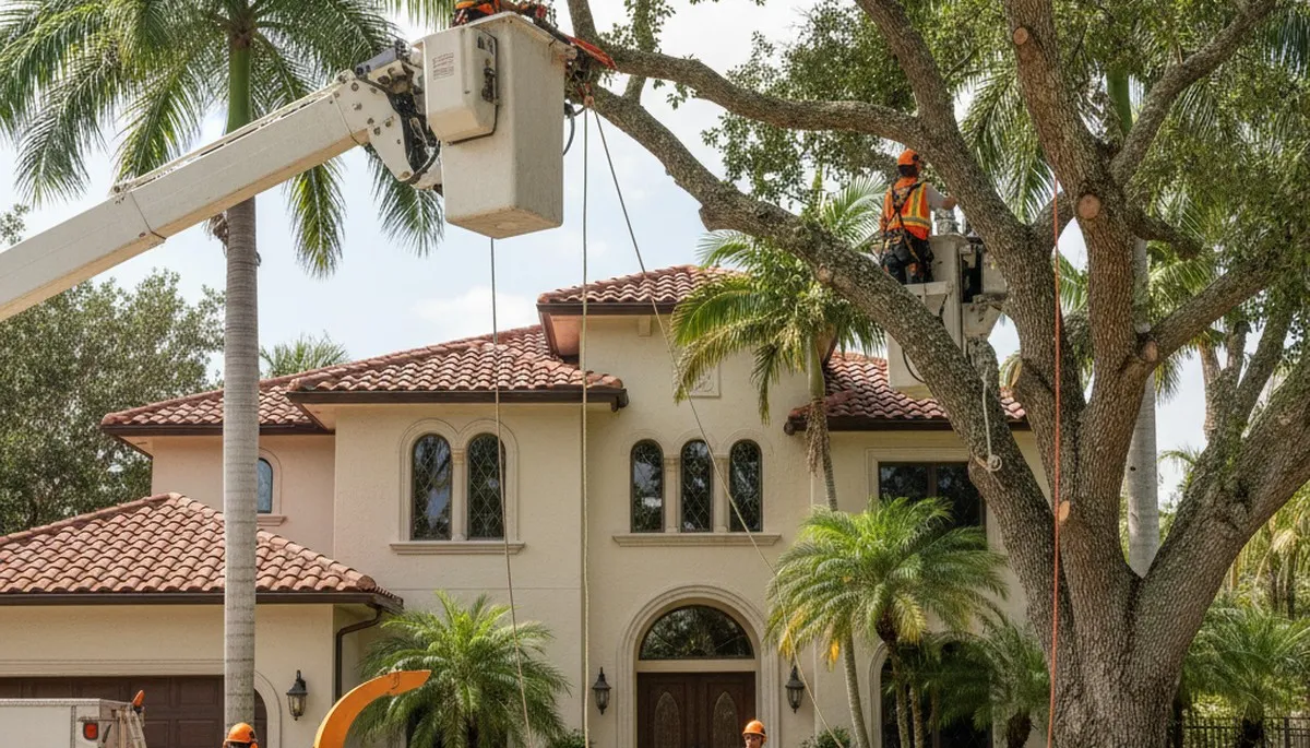Tree service crew trimming trees in Boca Raton, FL for safe, professional property care