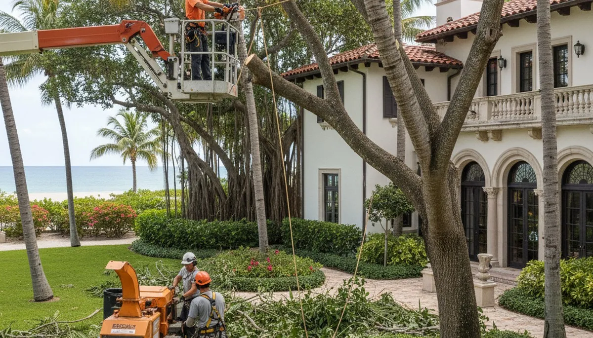 Tree service crew trimming a palm tree in Boca Raton, FL for safer, cleaner landscape maintenance